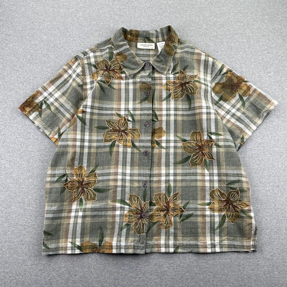 Vintage Lemon Grass Top Womens 2X Green Floral Plaid Button Up Shirt 100% Cotton